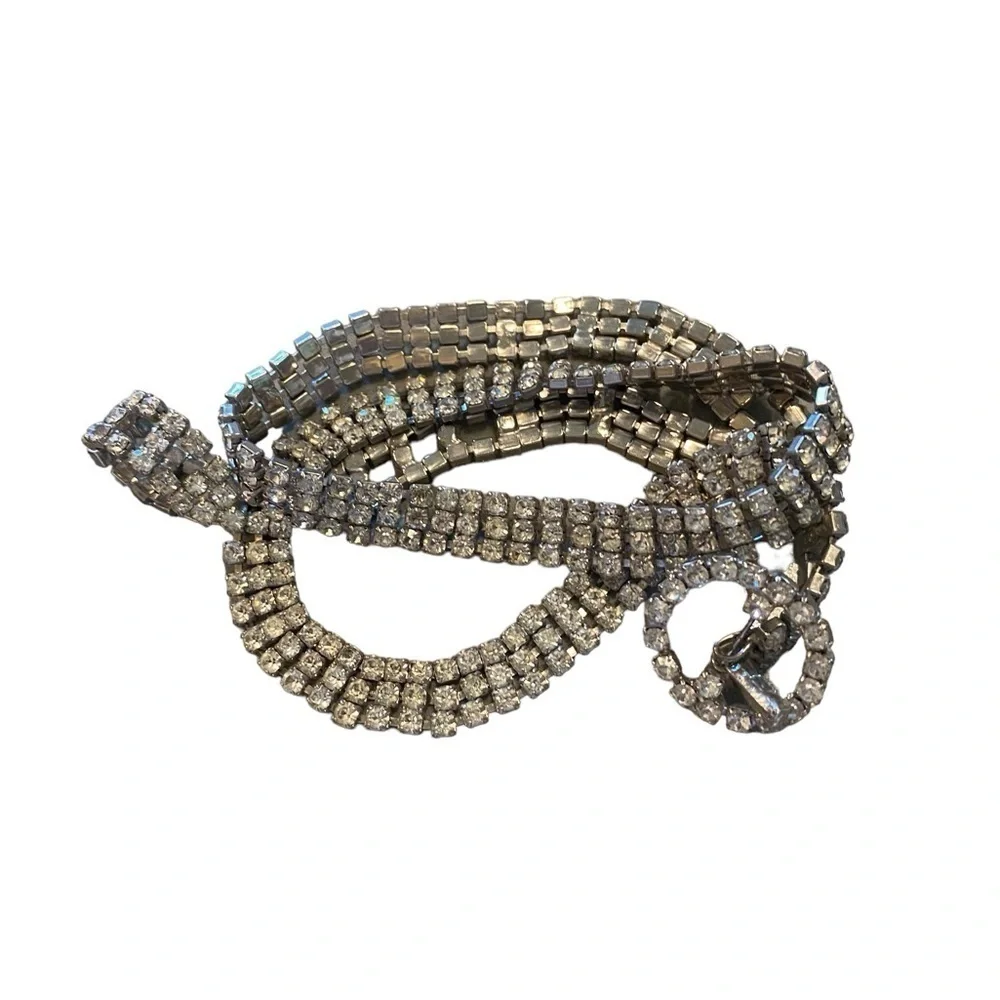 Vintage Silver Sparkling Prong Set Rhinestone Bling Belt Glam party